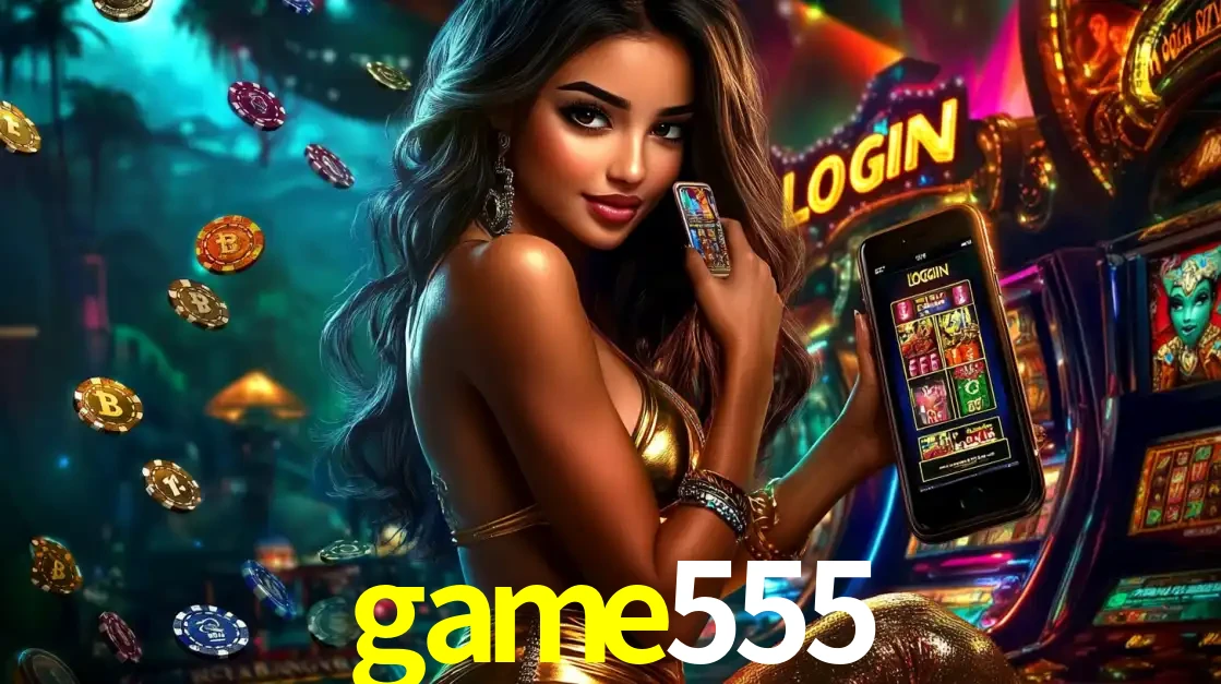 Mulher em um cenário de cassino temático de aventura, mostrando o app de caça-níqueis da game555 no celular. Fichas de apostas flutuam ao redor.