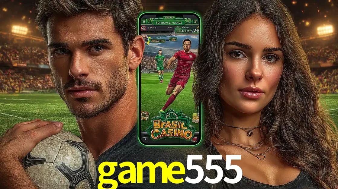 Homem segurando uma bola de futebol e uma mulher ao lado de um smartphone exibindo o jogo de apostas esportivas da game555. Faça seu palpite no cassino online.